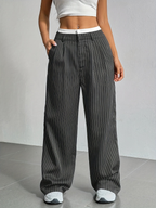 Striped high-waist straight trousers with pockets