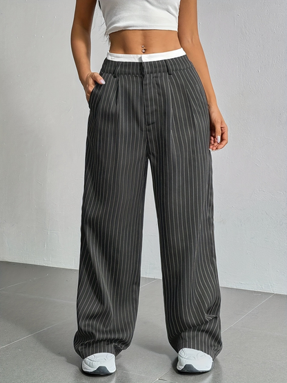 Striped high-waist straight trousers with pockets