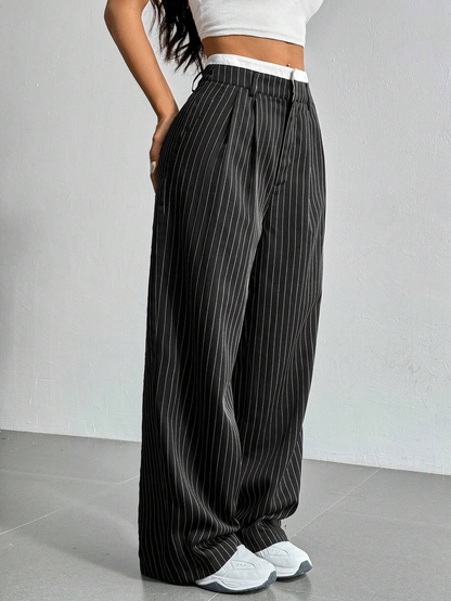 Striped high-waist straight trousers with pockets