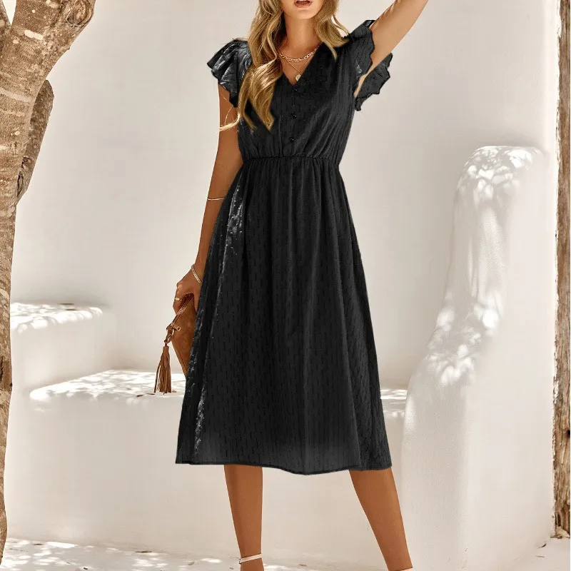 Summer solid V-neck casual dress
