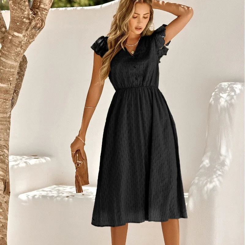 Summer solid V-neck casual dress