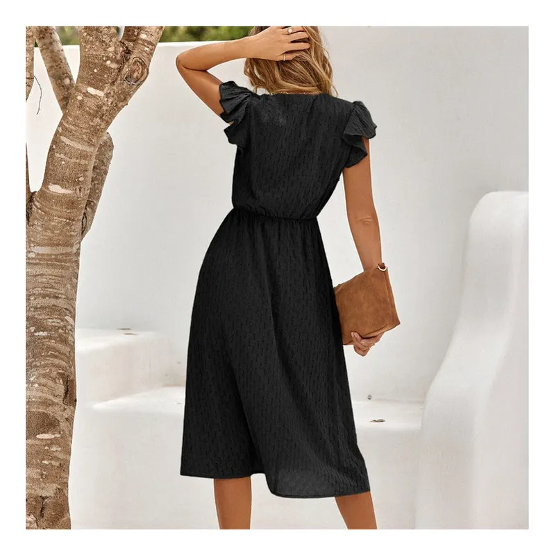 Summer solid V-neck casual dress