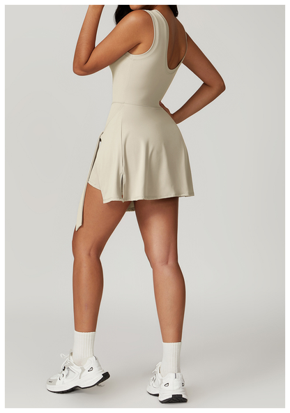 Backless athletic skort one-piece with waist tie