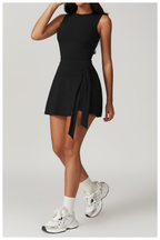 Backless athletic skort one-piece with waist tie