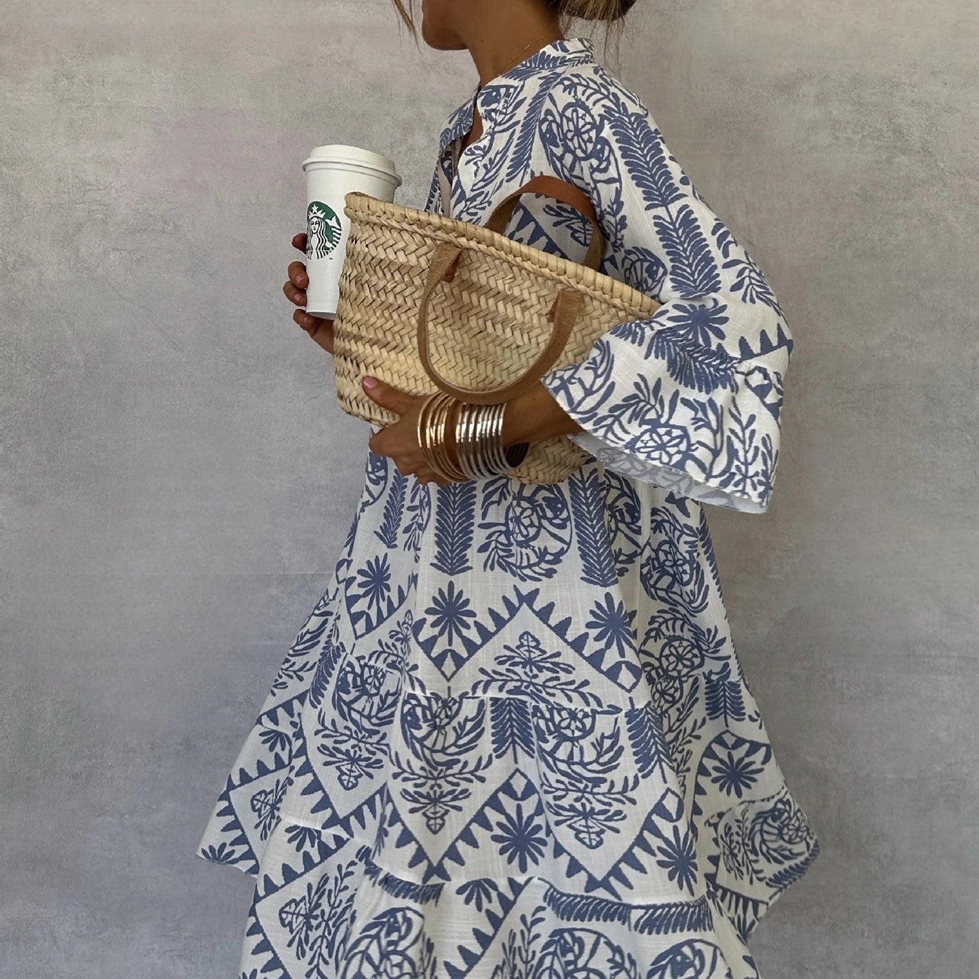 Autumn V-neck ruffle shirt dress
