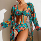 Floral Tie-Front Bikini Set, 3 Pieces