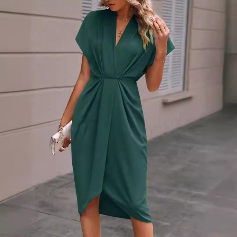 Summer batwing V-neck pleated dress