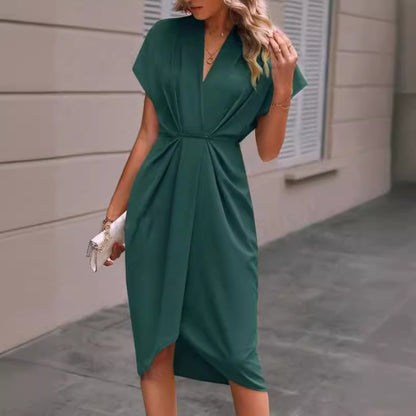 Summer batwing V-neck pleated dress