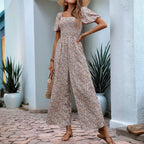 Square-neck puff-sleeve floral jumpsuit