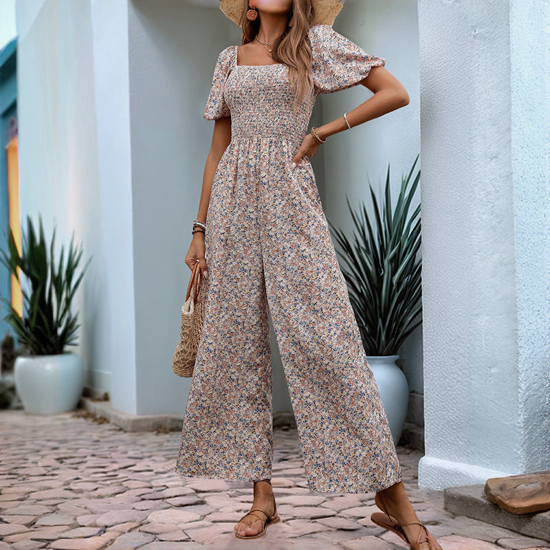 Square-neck puff-sleeve floral jumpsuit