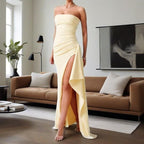 Side-slit tailored off-shoulder maxi dress
