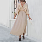 Batwing long-sleeve V-neck lace-up maxi dress