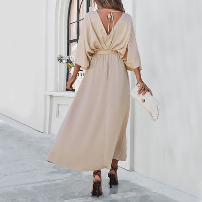 Batwing long-sleeve V-neck lace-up maxi dress