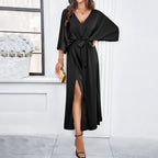 Batwing long-sleeve V-neck lace-up maxi dress