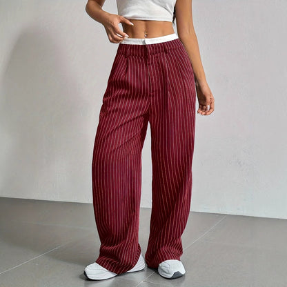 Striped high-waist straight trousers with pockets