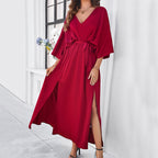 Batwing long-sleeve V-neck lace-up maxi dress