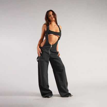 Y2K denim overalls with pockets