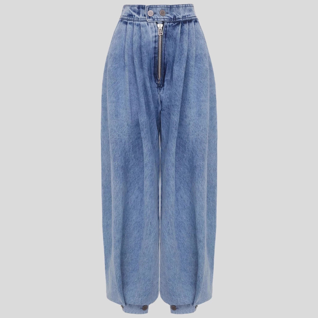 High-waist zipper denim harem pants