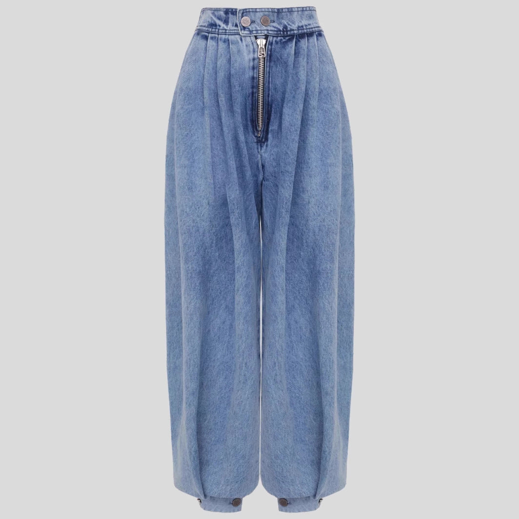 High-waist zipper denim harem pants