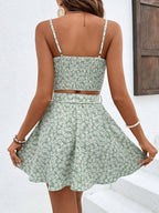 Green ditsy floral crop top & tie-waist skirt set