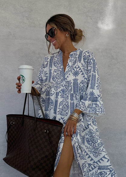 Autumn V-neck ruffle shirt dress