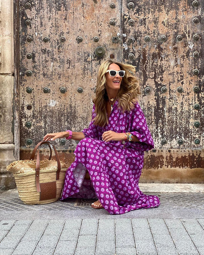 Vintage boho printed V-neck maxi dress