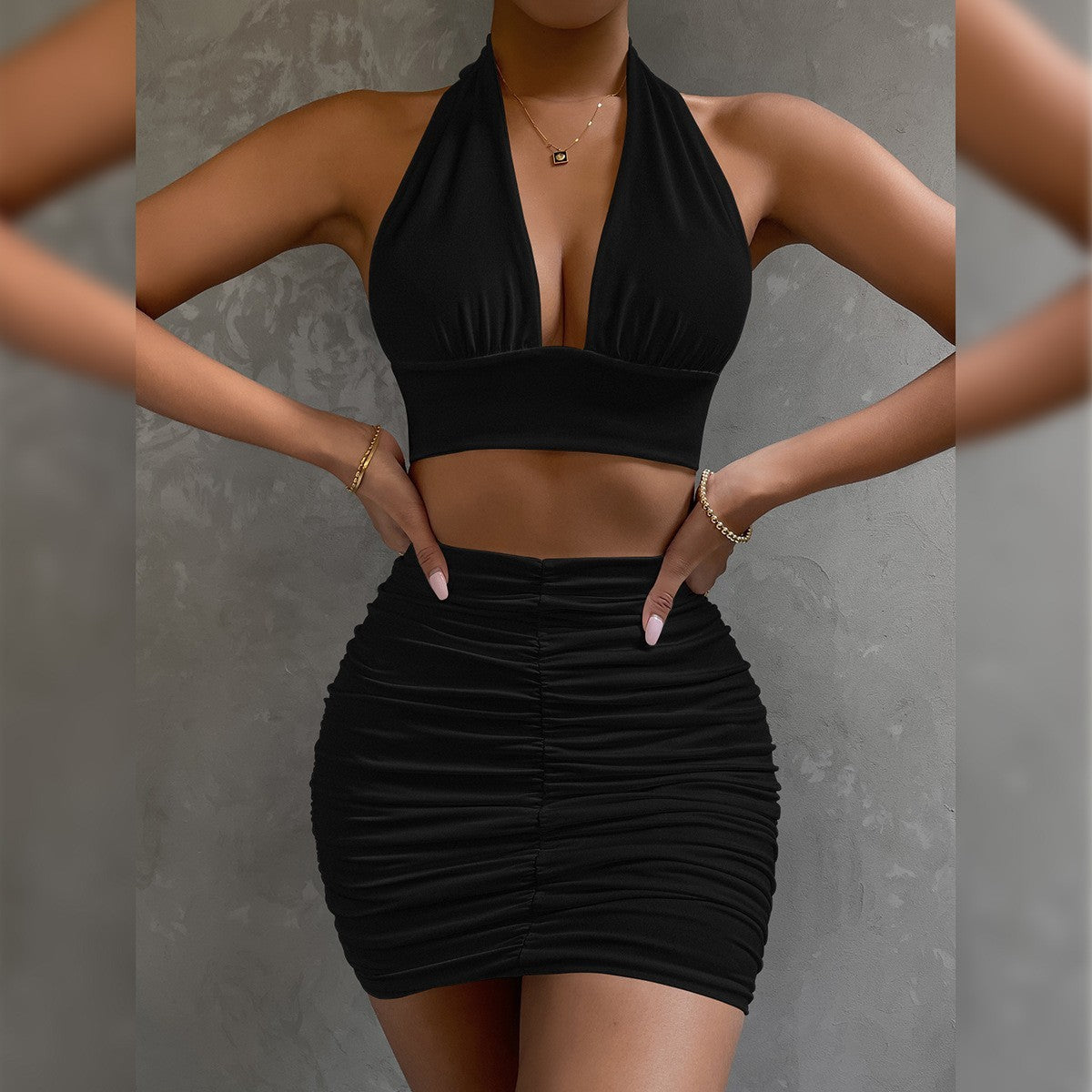 Halter Lace-Up Top and Skirt Set
