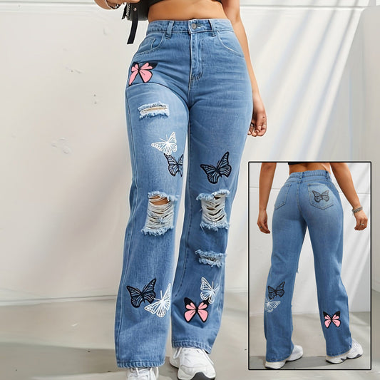 High-waist straight jeans with butterfly print