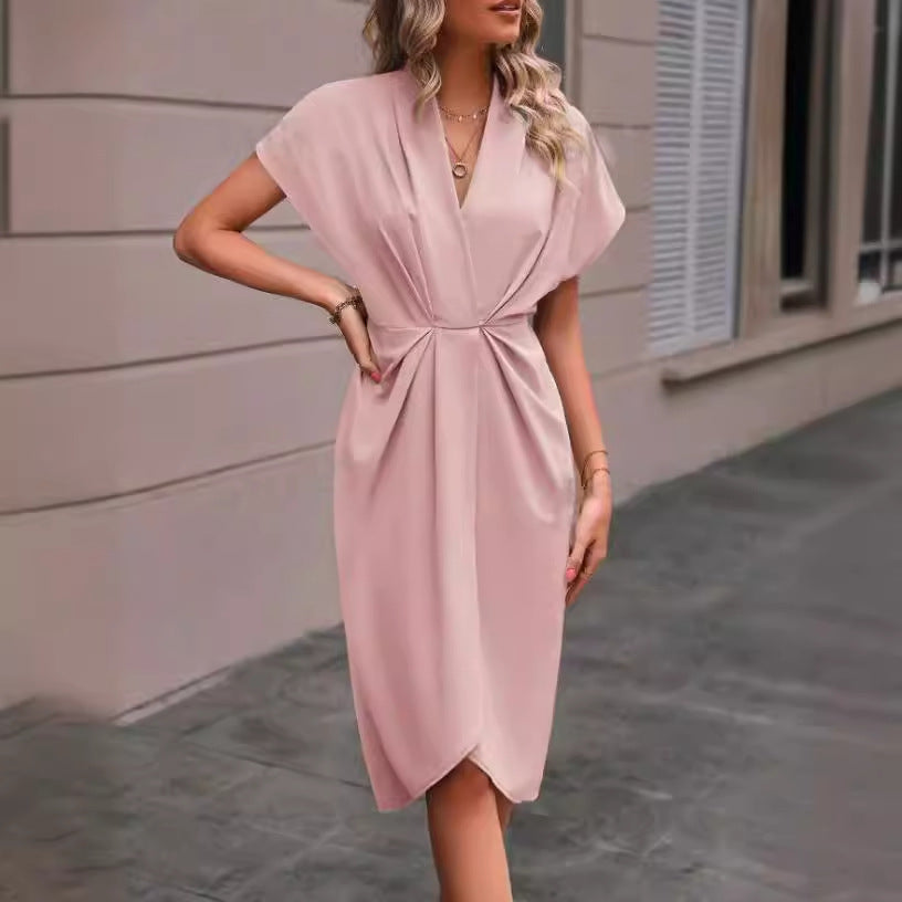 Summer batwing V-neck pleated dress